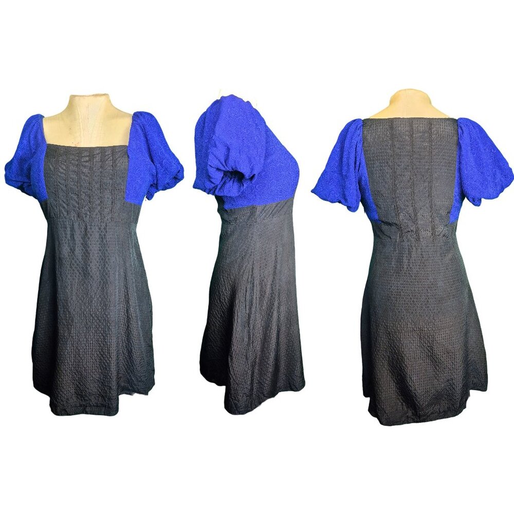 Moulinette Soeurs by Anthropologie Blue Black Puff Sleeve Bolero Silk Dress Sz 6